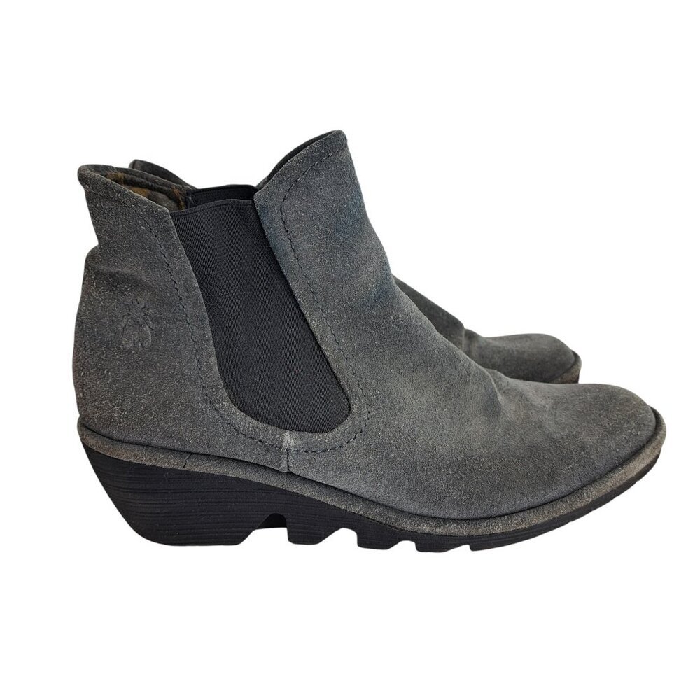 Fly London Phil Gray Suede Wedge Boots Size 38 US 7.5-8 Pull On Chelsea Chunky - Picture 11 of 13